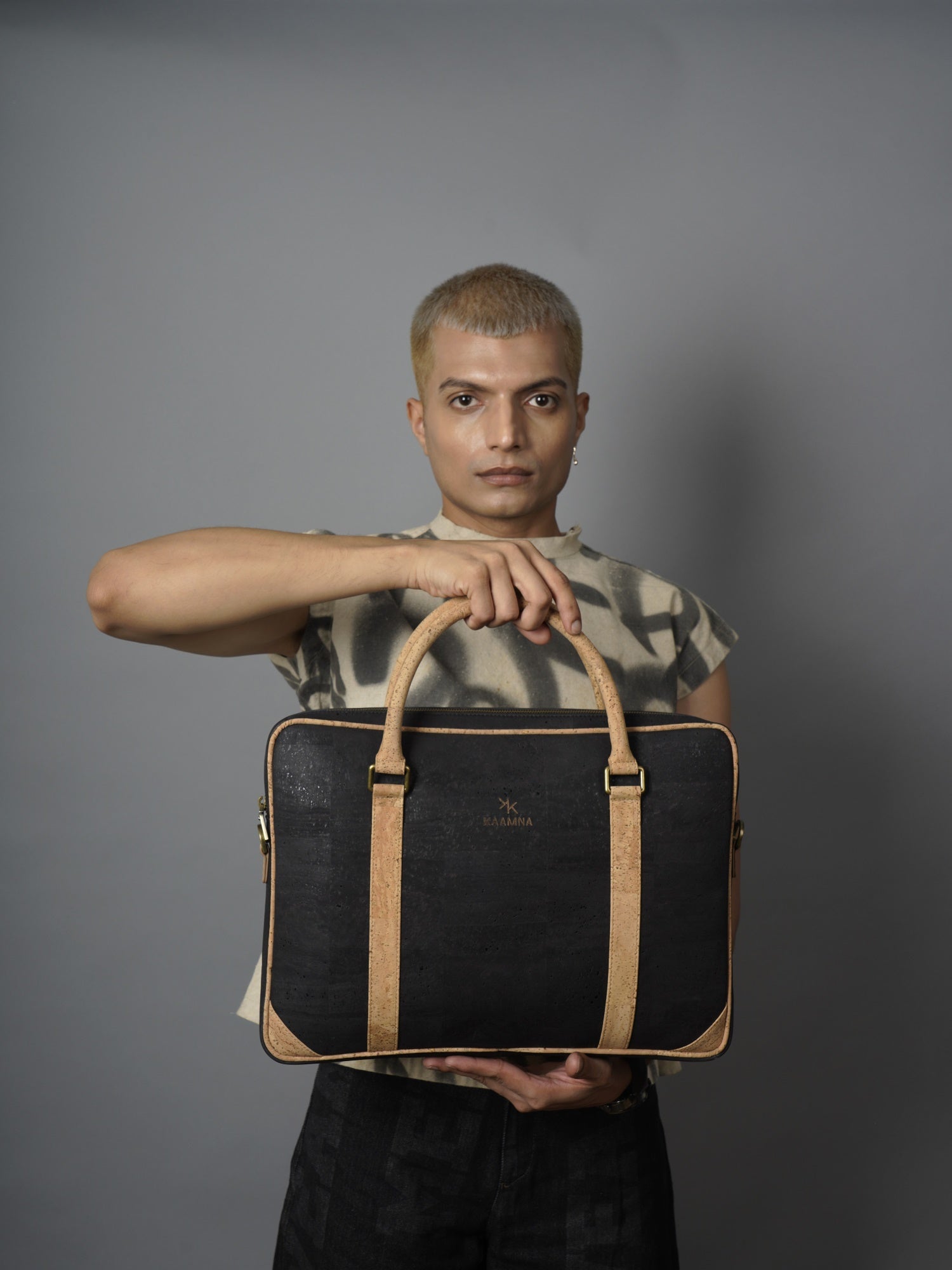 Slim Laptop Bag In Black Cork -  KAAMNA