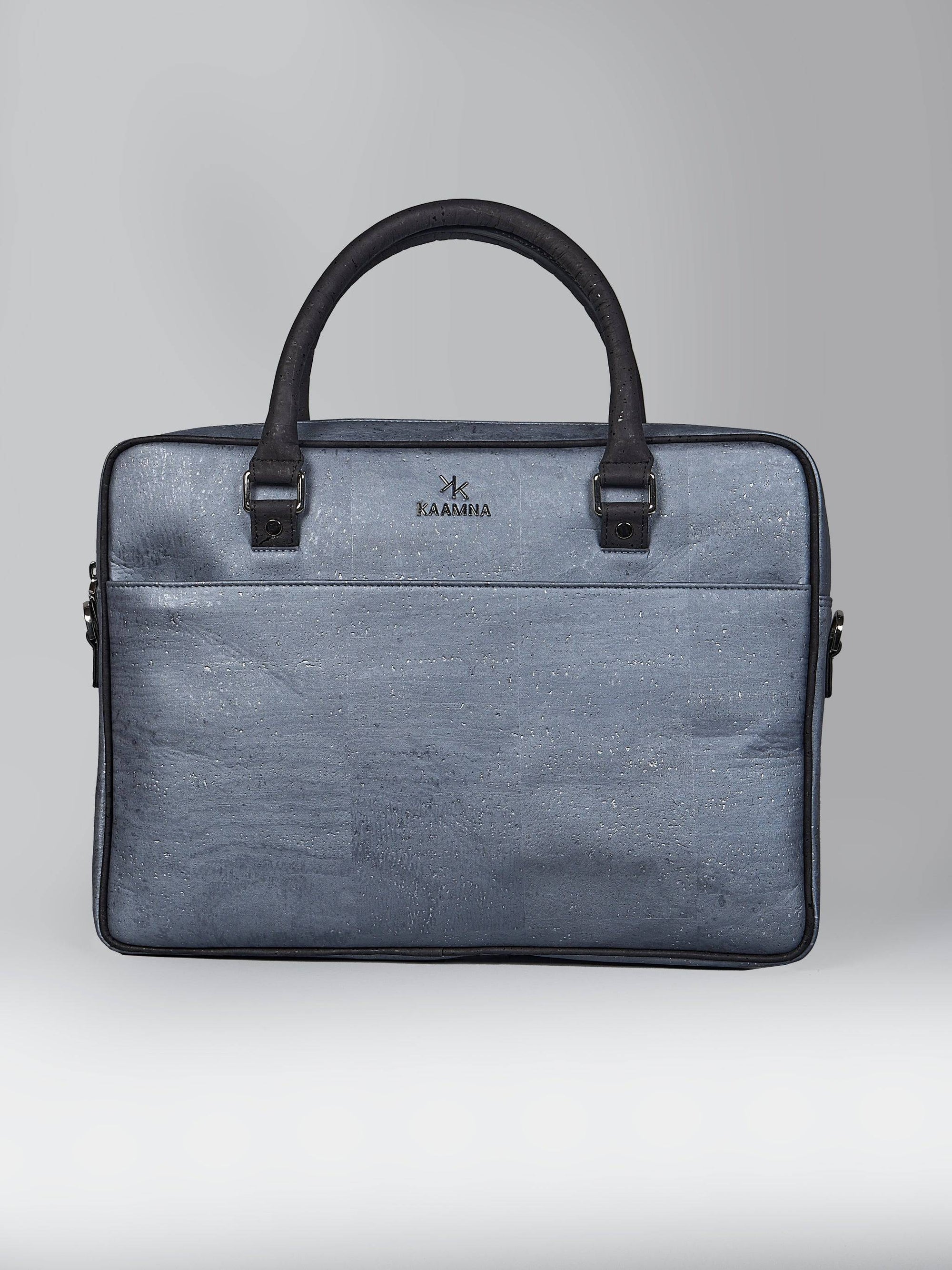 Laptop Bag with Tab In Silver Grey Cork -  KAAMNA