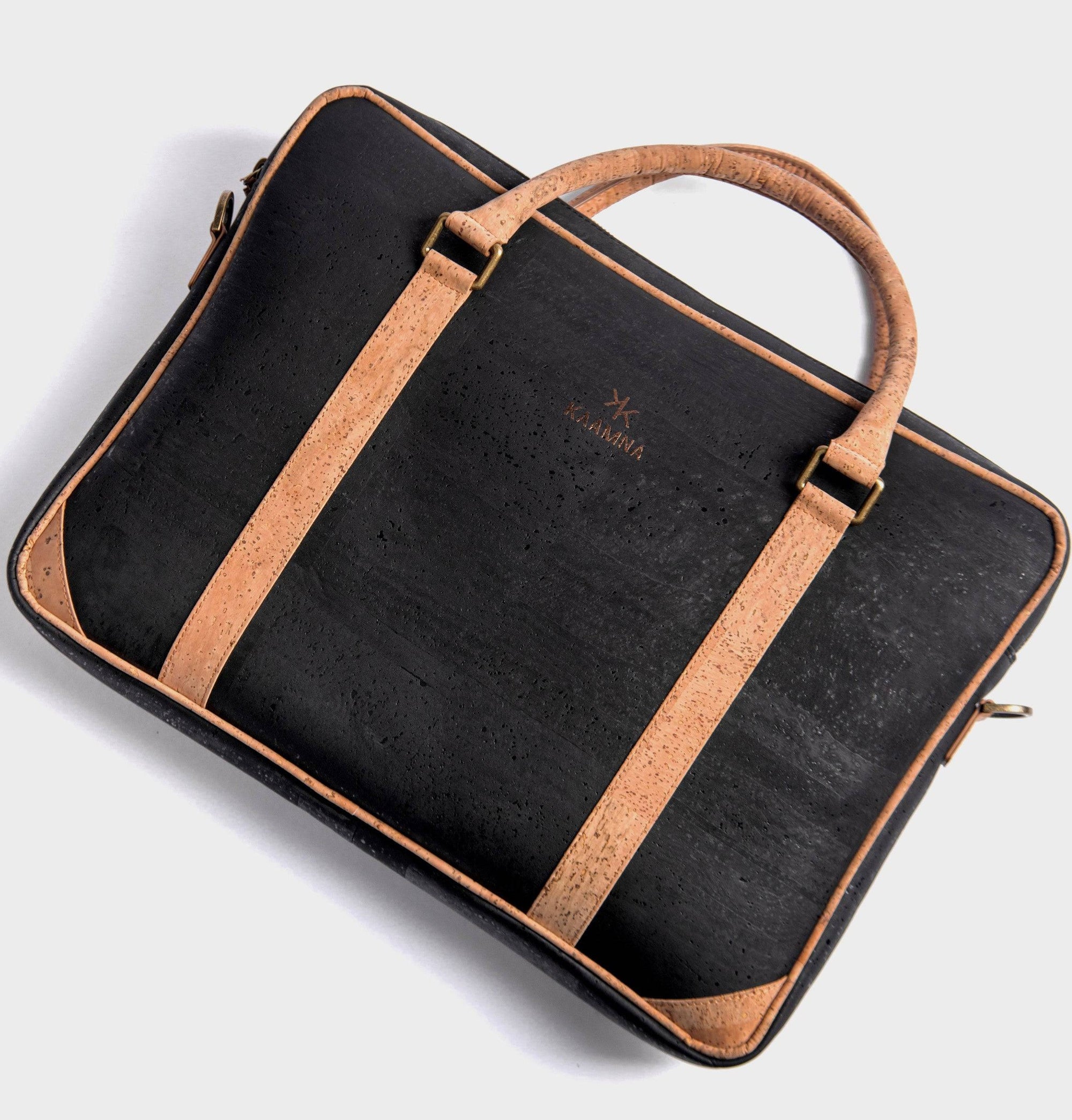 Slim Laptop Bag In Black Cork -  KAAMNA