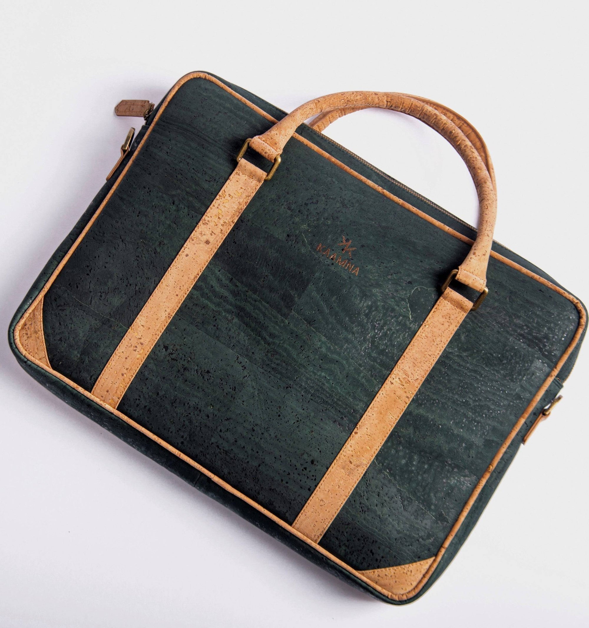 Slim Laptop Bag In Forest Green Cork -  KAAMNA