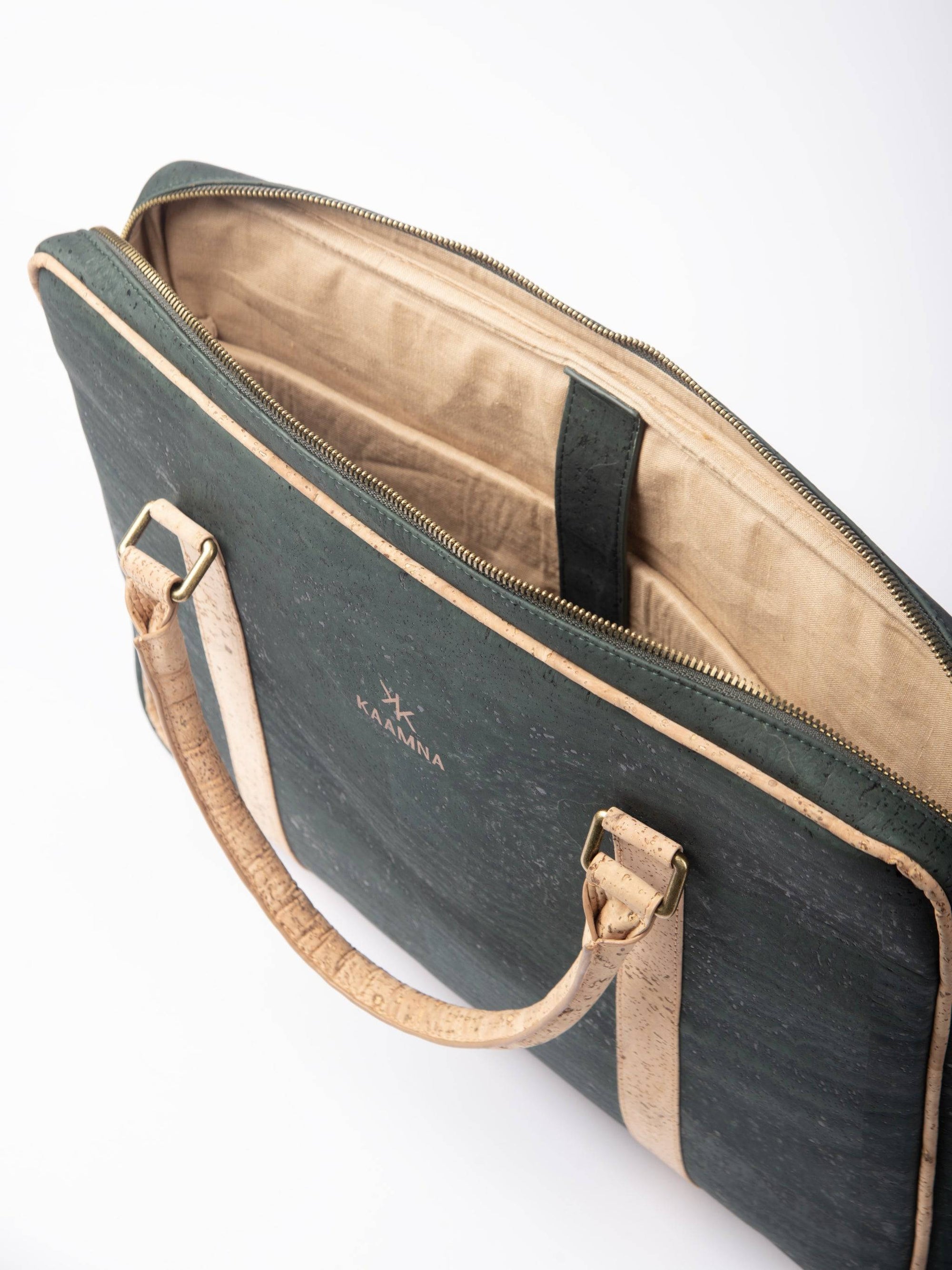 Slim Laptop Bag In Forest Green Cork -  KAAMNA