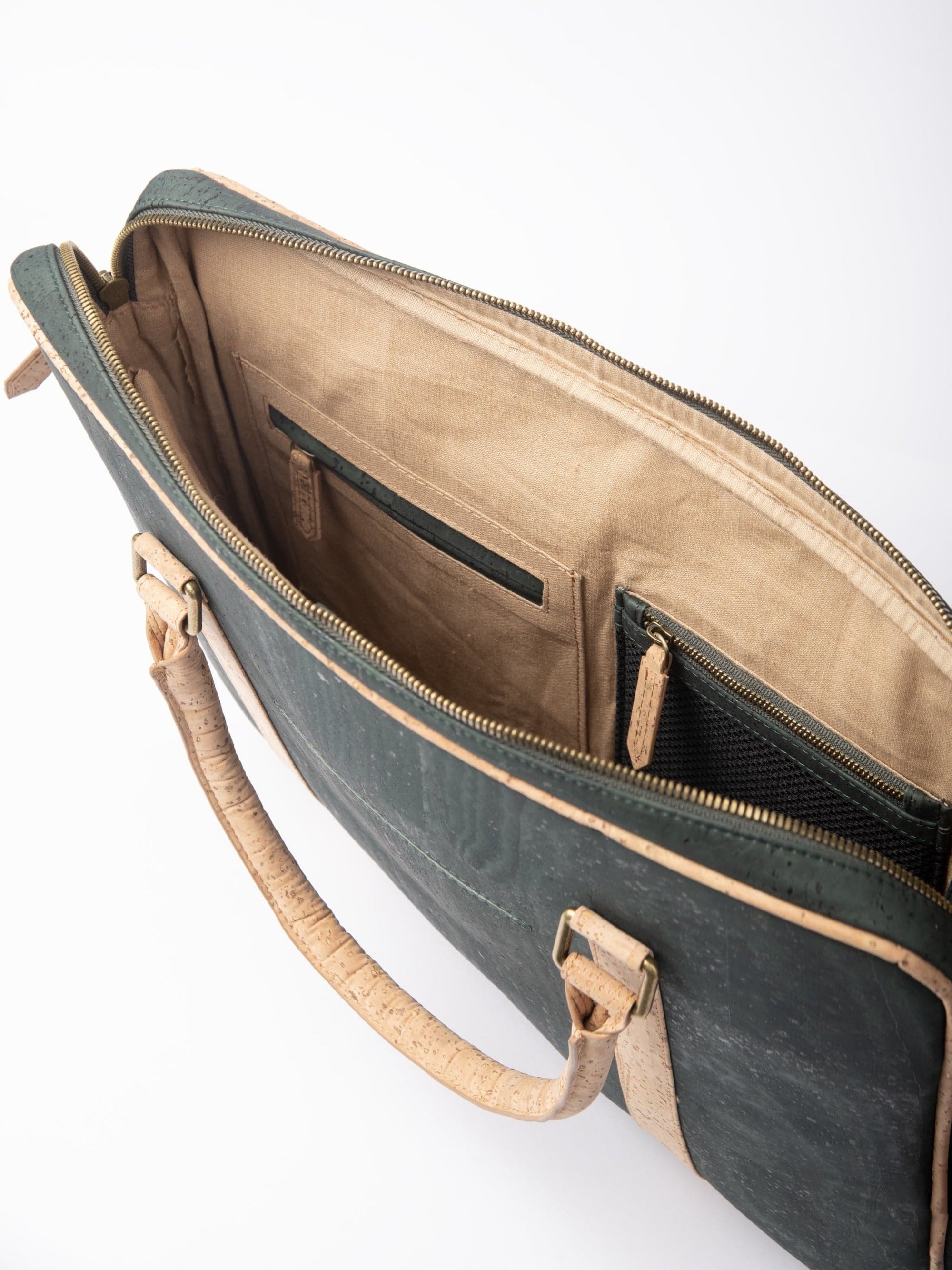 Slim Laptop Bag In Forest Green Cork -  KAAMNA