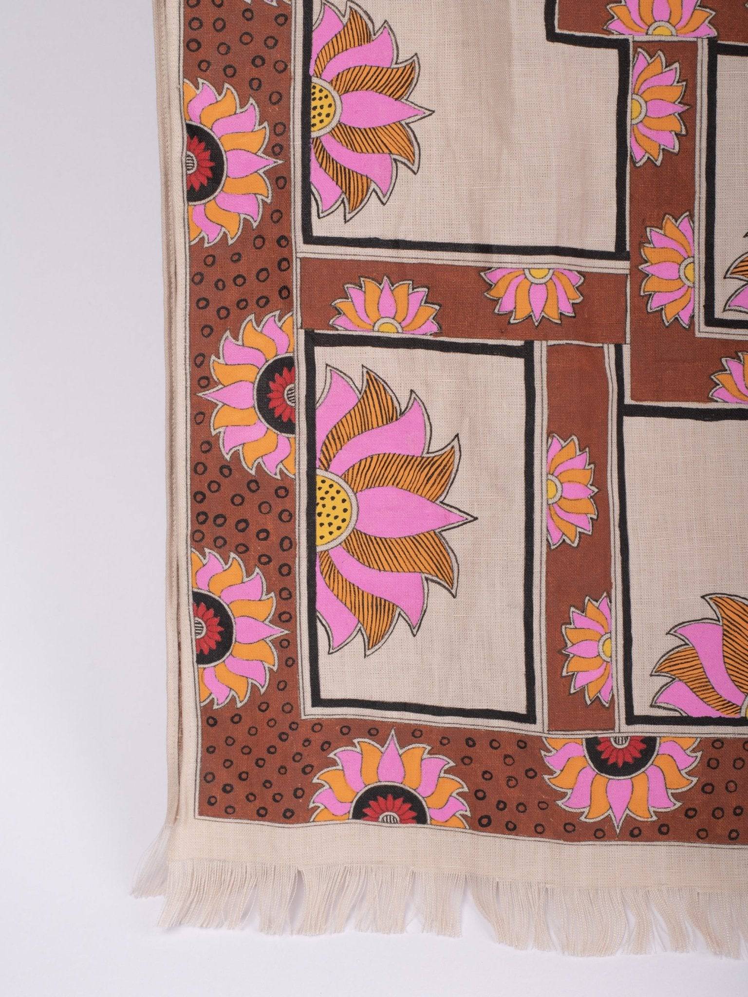 Lotus Maze - Madhubani Hemp Stole - Beige Pink -  KAAMNA